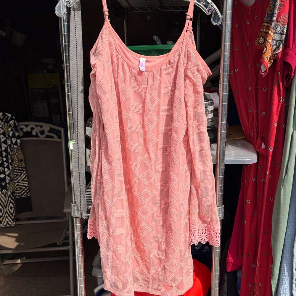 Xhilaration, off the shoulder Coral Lace Top, XS. Three sewn stitches on sleeve